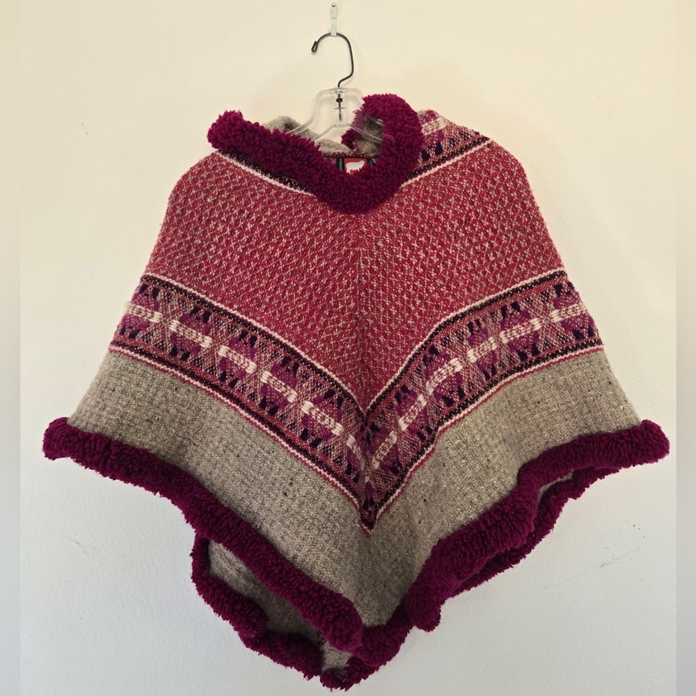 Milmarte Artisan Wool Youth Girls Poncho Burgundy Pink Gray Hooded
